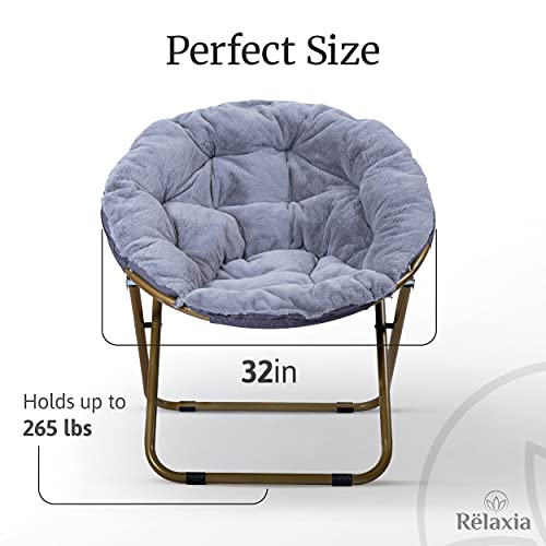 RËLAXIA Saucer Chair | 31.5x31.5x31.5’’ | Fluffy Faux Fur Moon Chair with Strong Steel Legs | Foldable, Grey Comfy Chair | Footrest Included | Stylish Saucer Chairs for Adults and Kids (Grey)