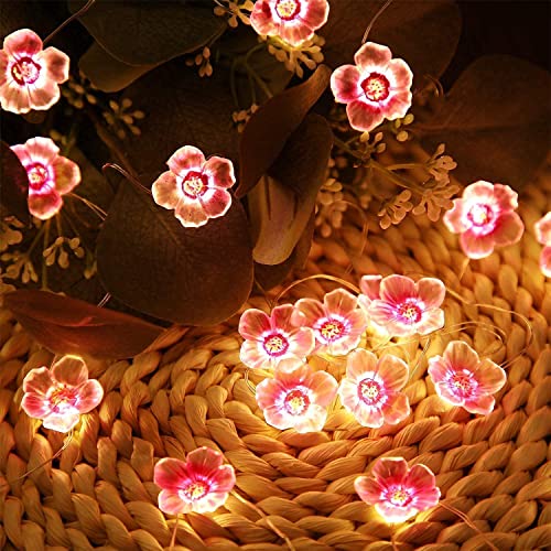 Cherry Blossom Flower String Lights for Girl Bedroom, Pink Fairy Lights 13 Feet 40 LEDs USB and Battery Operated Decorative String Lights Indoor Outdoor (2 Pack)