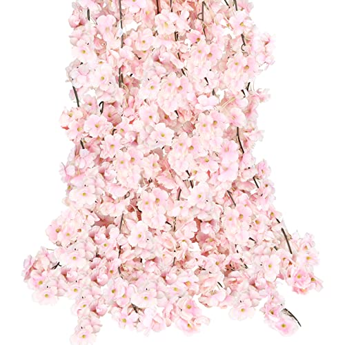 CEWOR 6pcs Artificial Cherry Blossom Flower Vines Faux Flowers for Outdoors Hanging Silk Flowers Garland for Wedding Party Home Japanese Kawaii Decor