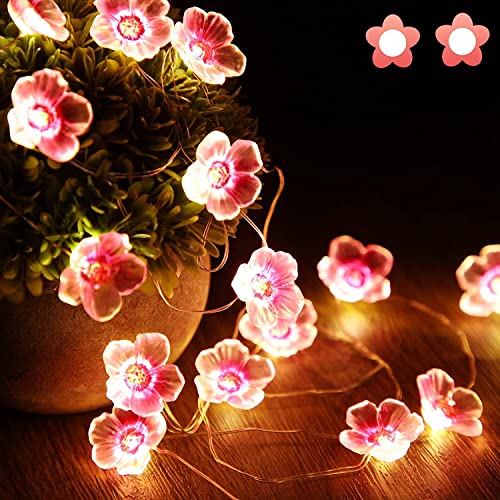 Cherry Blossom Flower String Lights for Girl Bedroom, Pink Fairy Lights 13 Feet 40 LEDs USB and Battery Operated Decorative String Lights Indoor Outdoor (2 Pack)