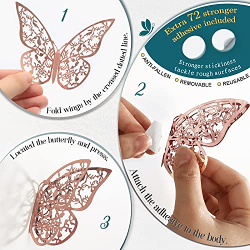 72 Pcs Rose Gold Butterfly Wall Decor, Butterfly Decorations, 3 Sizes 6 Styles, 3D Butterfly Party Decorations/Birthday Decorations/Cake Decorations, mariposas decorativas para Fiesta Room Decor