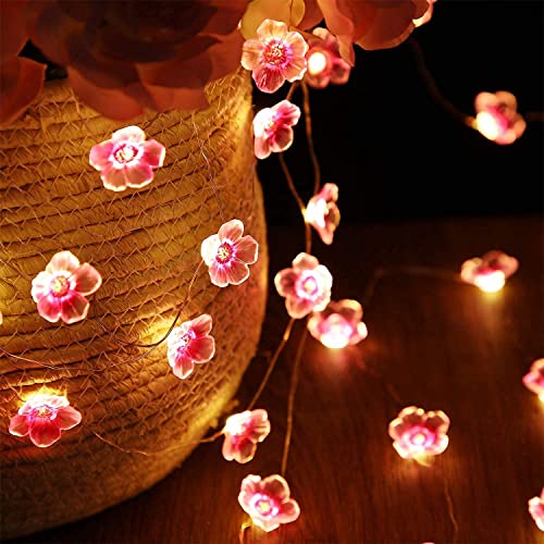 Cherry Blossom Flower String Lights for Girl Bedroom, Pink Fairy Lights 13 Feet 40 LEDs USB and Battery Operated Decorative String Lights Indoor Outdoor (2 Pack)