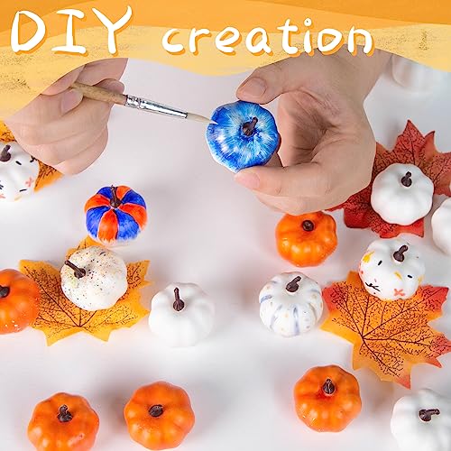 DomeStar 36PCS Mini Pumpkins for Decoration, White and Orange Assorted Mini Pumpkins Crafts with Faux Maple Leaves Foam Pumpkins for Fall Wedding Thanksgiving Table Centerpieces Decor
