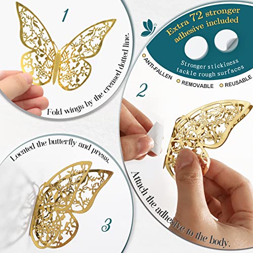 72 Pcs Butterfly Wall Decor Stickers, 6 Styles Gold Butterfly Decorations, 3 Sizes 3D Butterfly Party Decorations/Birthday Decorations/Cake Decorations, Gold Butterflies for Gold Wall Decor Room Decor