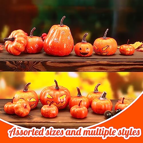 HAKACC 18PCS Artificial Pumpkins, Decorative Pumpkins Assorted Sizes Small Orange Foam Pumpkins for Halloween Thanksgiving Farmhouse Table Decor
