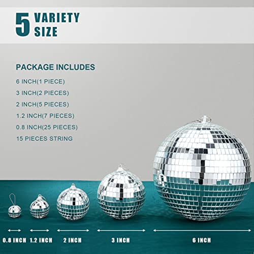 40 Pack Mirror Disco Ball in Variety Silver Hanging Glass Mirror Ball Light Ball with String Disco Hanging Ornament for Club Stage Bar Birthday 70s Party Decoration (6/ 3/ 2/ 1.2/ 0.8 Inch)