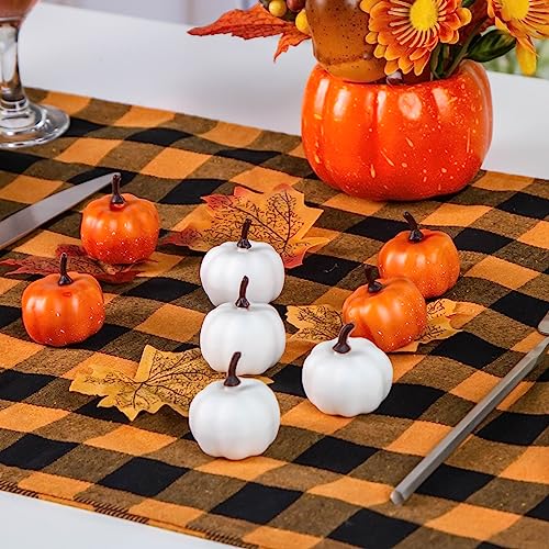 DomeStar 36PCS Mini Pumpkins for Decoration, White and Orange Assorted Mini Pumpkins Crafts with Faux Maple Leaves Foam Pumpkins for Fall Wedding Thanksgiving Table Centerpieces Decor