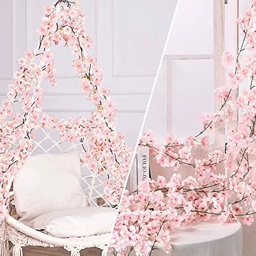 CEWOR 6pcs Artificial Cherry Blossom Flower Vines Faux Flowers for Outdoors Hanging Silk Flowers Garland for Wedding Party Home Japanese Kawaii Decor
