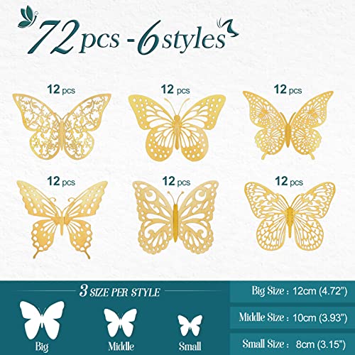 72 Pcs Butterfly Wall Decor Stickers, 6 Styles Gold Butterfly Decorations, 3 Sizes 3D Butterfly Party Decorations/Birthday Decorations/Cake Decorations, Gold Butterflies for Gold Wall Decor Room Decor