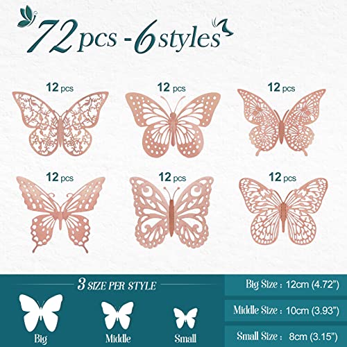 72 Pcs Rose Gold Butterfly Wall Decor, Butterfly Decorations, 3 Sizes 6 Styles, 3D Butterfly Party Decorations/Birthday Decorations/Cake Decorations, mariposas decorativas para Fiesta Room Decor