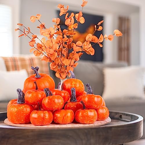 HAKACC 18PCS Artificial Pumpkins, Decorative Pumpkins Assorted Sizes Small Orange Foam Pumpkins for Halloween Thanksgiving Farmhouse Table Decor