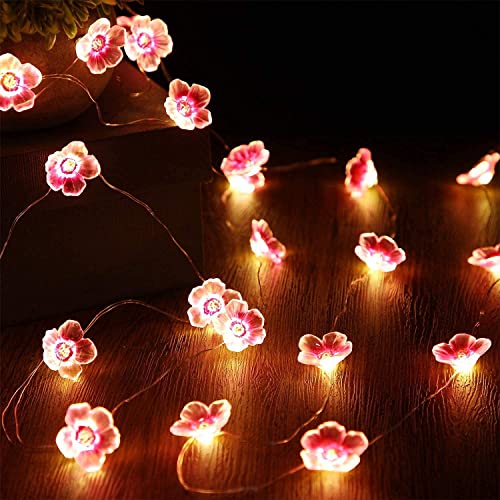 Cherry Blossom Flower String Lights for Girl Bedroom, Pink Fairy Lights 13 Feet 40 LEDs USB and Battery Operated Decorative String Lights Indoor Outdoor (2 Pack)