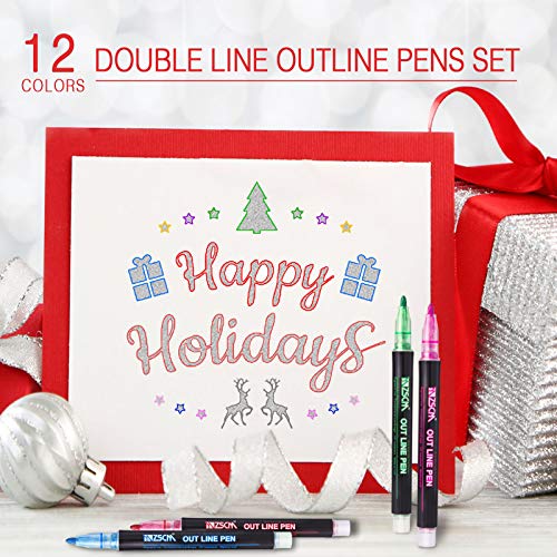 ZSCM Super Squiggles Outline Metallic Markers Pens, Double Line Paint Markers Pens, for Christmas Greeting Cards, DIY Photo Album, Scrapbook Crafts, Metal, Ceramic, Glass, Christmas Decor (12 Colors)