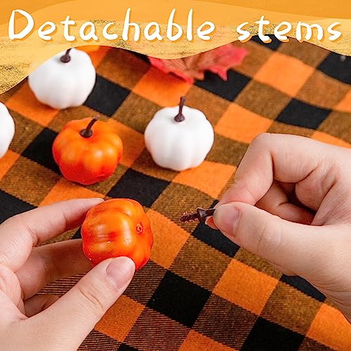 DomeStar 36PCS Mini Pumpkins for Decoration, White and Orange Assorted Mini Pumpkins Crafts with Faux Maple Leaves Foam Pumpkins for Fall Wedding Thanksgiving Table Centerpieces Decor