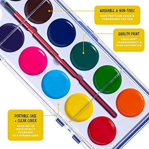 Neliblu Water Color Paint Set for Kids - Bulk Watercolor Paint Set of 24 - Washable Watercolor Paints in 12 Colors - Ideal Fun and Learning Tool for Kids at Home and School - Paintbrush Included