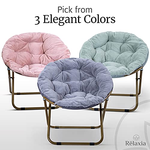RËLAXIA Saucer Chair | 31.5x31.5x31.5’’ | Fluffy Faux Fur Moon Chair with Strong Steel Legs | Foldable, Grey Comfy Chair | Footrest Included | Stylish Saucer Chairs for Adults and Kids (Grey)