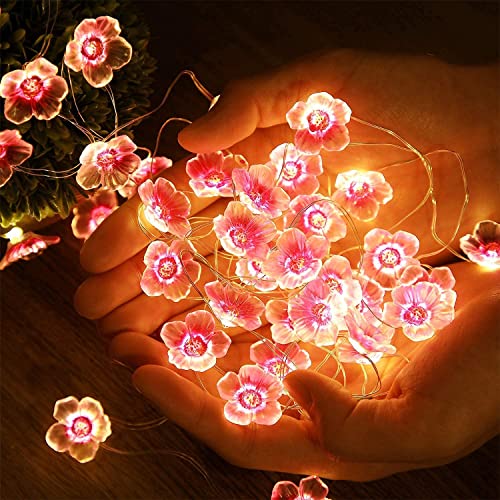 Cherry Blossom Flower String Lights for Girl Bedroom, Pink Fairy Lights 13 Feet 40 LEDs USB and Battery Operated Decorative String Lights Indoor Outdoor (2 Pack)