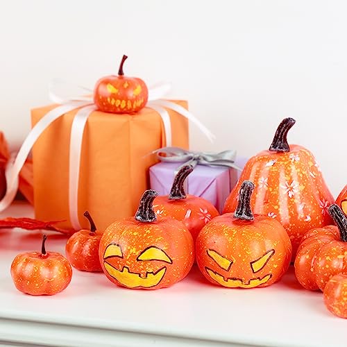 HAKACC 18PCS Artificial Pumpkins, Decorative Pumpkins Assorted Sizes Small Orange Foam Pumpkins for Halloween Thanksgiving Farmhouse Table Decor