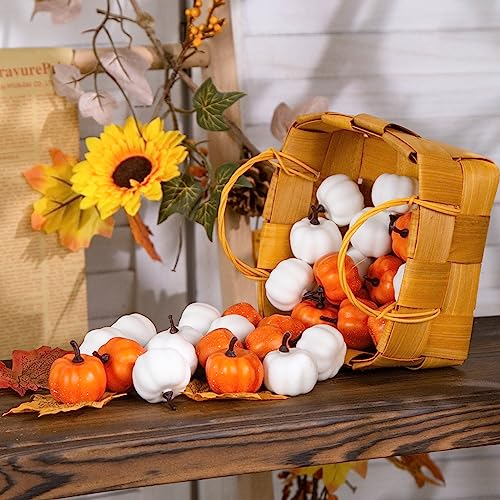 DomeStar 36PCS Mini Pumpkins for Decoration, White and Orange Assorted Mini Pumpkins Crafts with Faux Maple Leaves Foam Pumpkins for Fall Wedding Thanksgiving Table Centerpieces Decor