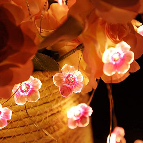 Cherry Blossom Flower String Lights for Girl Bedroom, Pink Fairy Lights 13 Feet 40 LEDs USB and Battery Operated Decorative String Lights Indoor Outdoor (2 Pack)