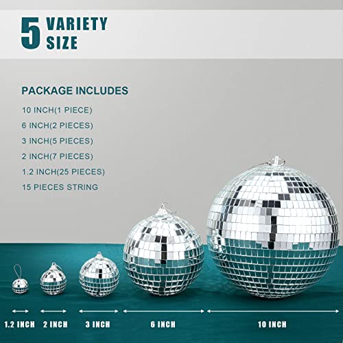 40 Pack Mirror Disco Ball in Variety Silver Hanging Glass Mirror Ball Light Ball with String Disco Hanging Ornament for Club Stage Bar Birthday 70s Party Decoration (10/ 6/ 3/ 2/ 1.2 Inch)