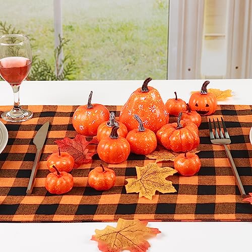 HAKACC 18PCS Artificial Pumpkins, Decorative Pumpkins Assorted Sizes Small Orange Foam Pumpkins for Halloween Thanksgiving Farmhouse Table Decor