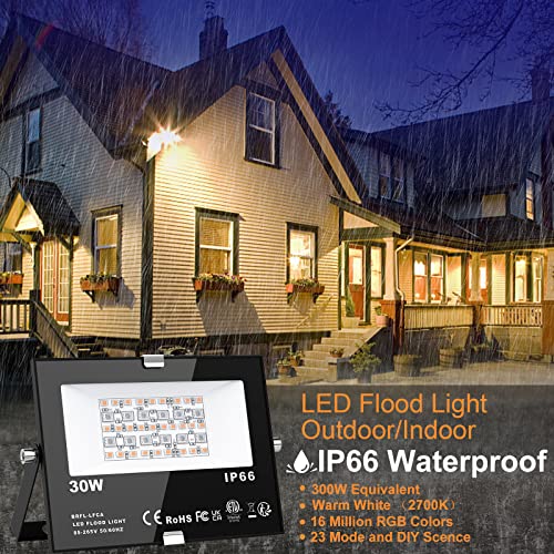 LED Flood Lights RGB Color Changing 300W Equivalent, Outdoor RGBW Bluetooth Smart Floodlights APP Control, IP66 Waterproof, Timing, 2700K&16 Million Colors 23 Modes for Stage Landscape Lighting 2 Pack