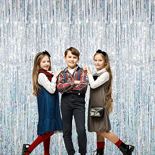 GOER 3.2 ft x 9.8 ft Metallic Tinsel Foil Fringe Curtains for Party Photo Backdrop Wedding Decor (1 Pack, Shiny Silver)