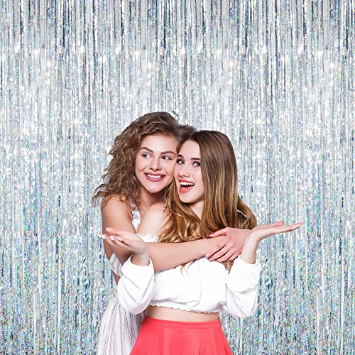 GOER 3.2 ft x 9.8 ft Metallic Tinsel Foil Fringe Curtains for Party Photo Backdrop Wedding Decor (1 Pack, Shiny Silver)