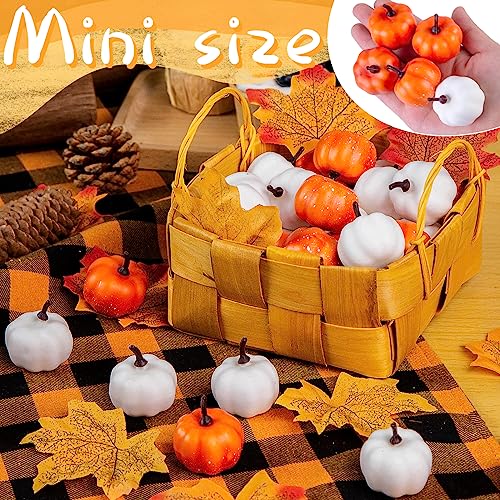 DomeStar 36PCS Mini Pumpkins for Decoration, White and Orange Assorted Mini Pumpkins Crafts with Faux Maple Leaves Foam Pumpkins for Fall Wedding Thanksgiving Table Centerpieces Decor