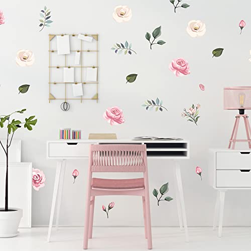 Decalcomania Wall Decor Rose Flower Wall Decals - Set of Pink Pastel Roses Floral Stickers Removable Peel and Stick Decals - Floral Wall Decals for Girls