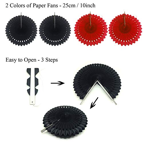 ZERODECO Party Decoration, 21 Pcs Black and Red Hanging Paper Fans Pom Poms Flowers, Garlands String Polka Dot and Triangle Bunting Flags for Minnie Mouse Birthday Parties Baby Showers Wedding