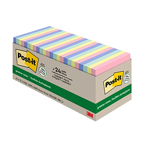 Post-it Greener Notes, 3x3 in, 24 Pads, America's #1 Favorite Sticky Notes, Sweet Sprinkles Collection, Pastel Colors, Clean Removal, 100% Recycled Material (654R-24CP-AP)