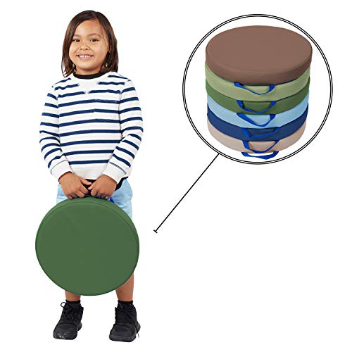 SoftScape 15 inch Round Floor Cushions with Handles; Flexible Seating for in-Home Distance Learning, Daycare, Preschool, Classroom; 2 inch Thick Deluxe Foam (6-Piece) - Earthtone, 11232-ET