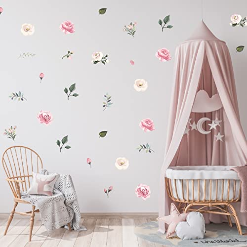 Decalcomania Wall Decor Rose Flower Wall Decals - Set of Pink Pastel Roses Floral Stickers Removable Peel and Stick Decals - Floral Wall Decals for Girls