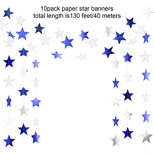 Glitter Star Garland Banner Decoration, 130 Feet Bright Gold Star Hanging Bunting Banner Backdrop for Engagement Wedding Baby Shower Birthday Christmas Decor (Ocean Blue, Glitter Silver)