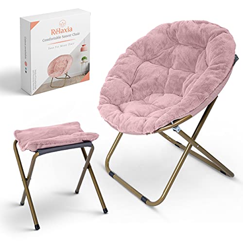 RËLAXIA Saucer Chair | 31.5x31.5x31.5’’ | Fluffy Faux Fur Moon Chair with Strong Steel Legs | Foldable, Grey Comfy Chair | Footrest Included | Stylish Saucer Chairs for Adults and Kids (Pink)