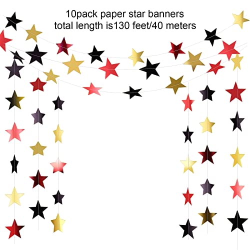 Glitter Star Garland Banner Decoration, 130 Feet Bright Gold Star Hanging Bunting Banner Backdrop for Engagement Wedding Baby Shower Birthday Christmas Decor (Red, Black, Gold)