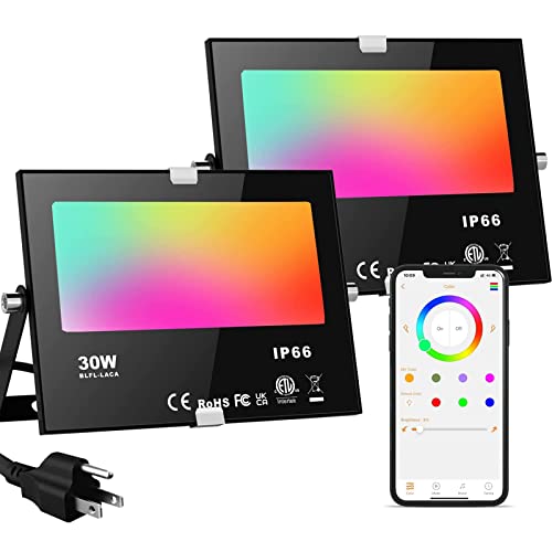 LED Flood Lights RGB Color Changing 300W Equivalent, Outdoor RGBW Bluetooth Smart Floodlights APP Control, IP66 Waterproof, Timing, 2700K&16 Million Colors 23 Modes for Stage Landscape Lighting 2 Pack