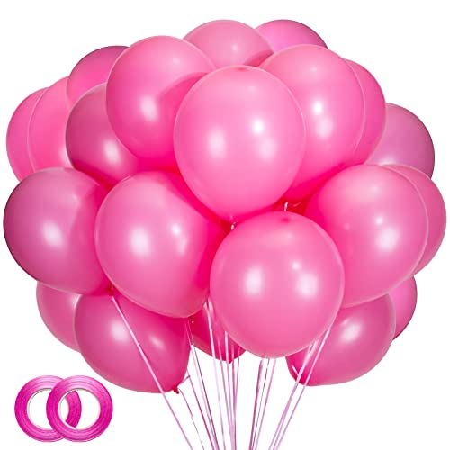 100pcs Hot Pink Balloons,12inch Hot Pink Latex Party Balloons Helium Quality for Party Decoration Like Birthday Party, Baby Shower,Wedding, Halloween or Christmas Party (with Pink Ribbon)…