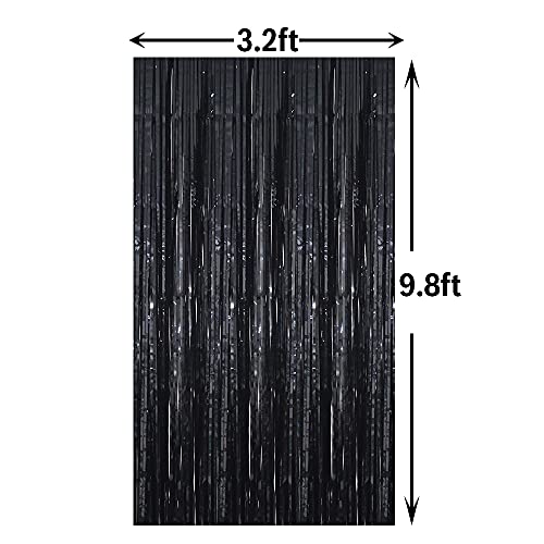 GOER 3.2 ft x 9.8 ft Black Photo Backdrop for Birthday Party Wedding Decor, 1 Pack Black Metallic Tinsel Foil Fringe Curtains Party Decorations