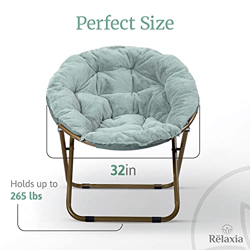 Rëlaxia Saucer Chair | 31.5x31.5x31.5’’ | Fluffy Faux Fur Moon Chair with Strong Steel Legs | Foldable, Grey Comfy Chair | Footrest Included | Stylish Saucer Chairs for Adults and Kids - Blue