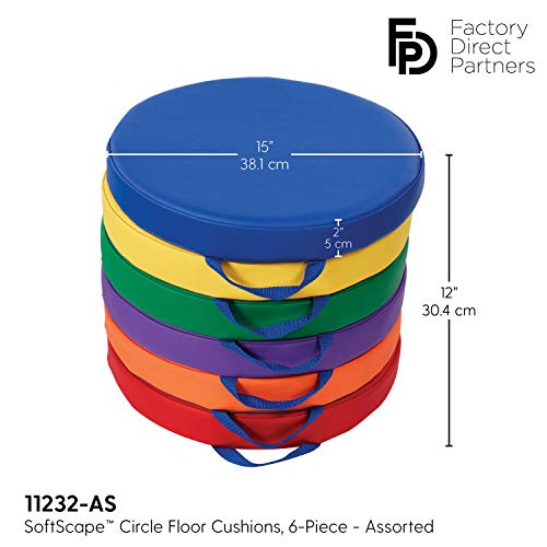 SoftScape 15 inch Round Floor Cushions with Handles; Flexible Seating for in-Home Distance Learning, Daycare, Preschool, Classroom; 2 inch Thick Deluxe Foam (6-Piece) - Assorted, 11232-AS