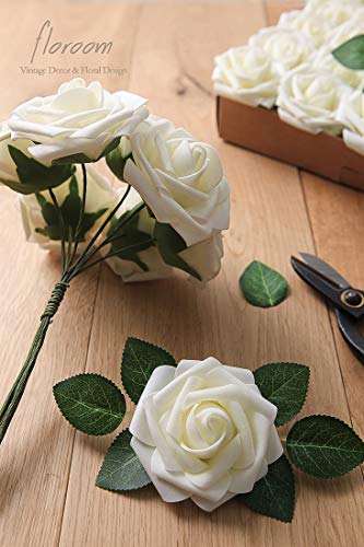 Floroom Artificial Flowers 25pcs Real Looking Ivory Foam Fake Roses with Stems for DIY Wedding Bouquets White Bridal Shower Centerpieces Arrangements Party Tables Decorations