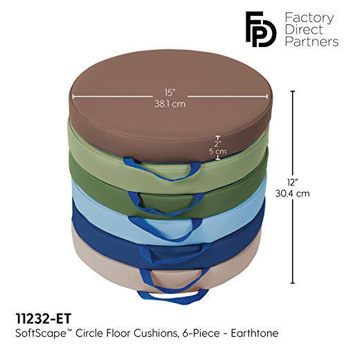 SoftScape 15 inch Round Floor Cushions with Handles; Flexible Seating for in-Home Distance Learning, Daycare, Preschool, Classroom; 2 inch Thick Deluxe Foam (6-Piece) - Earthtone, 11232-ET