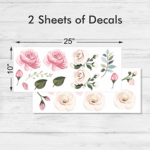 Decalcomania Wall Decor Rose Flower Wall Decals - Set of Pink Pastel Roses Floral Stickers Removable Peel and Stick Decals - Floral Wall Decals for Girls