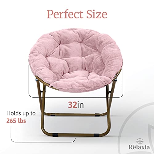 RËLAXIA Saucer Chair | 31.5x31.5x31.5’’ | Fluffy Faux Fur Moon Chair with Strong Steel Legs | Foldable, Grey Comfy Chair | Footrest Included | Stylish Saucer Chairs for Adults and Kids (Pink)