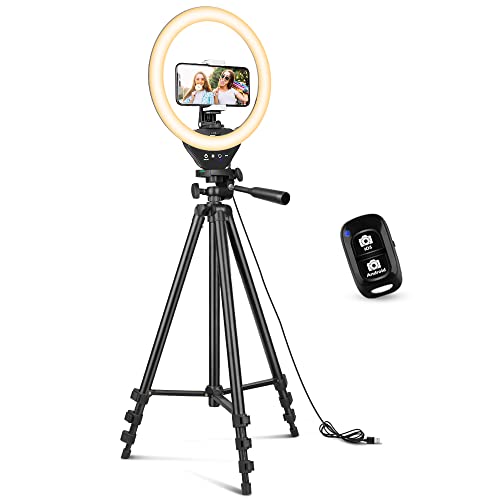 Sensyne 10'' Ring Light with 50'' Extendable Tripod Stand, LED Circle Lights with Phone Holder for Live Stream/Makeup/YouTube Video/TikTok, Compatible with All Phones.