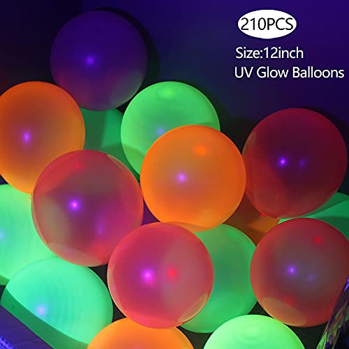 210 Pieces Neon Glow Party Balloons UV Blacklight Balloons 12inch Latex Glow in the dark Balloons Reactive Fluorescent Neon Balloons for Birthday Wedding Blacklight Glow Party Supplies and Decorations