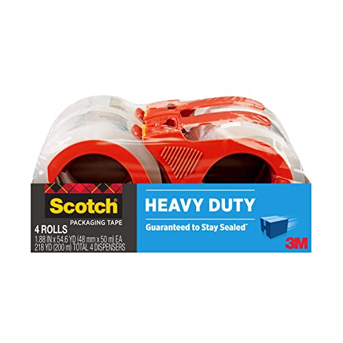 Scotch Heavy Duty Packaging Tape, 1.88" x 54.6 yd, Designed for Packing, Shipping and Mailing, Strong Seal on All Box Types, 3" Core, Clear, 4 Rolls (3850-4RD)